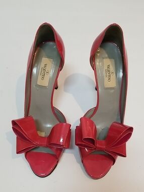 Valentino Red Patent Bow Open-Toe Pumps